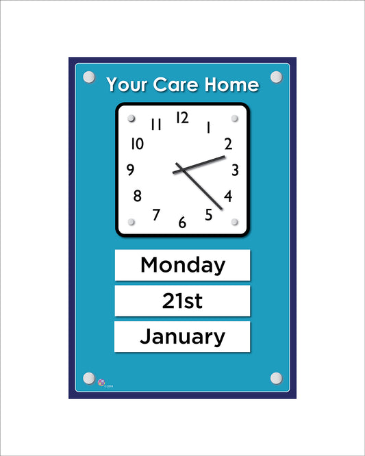Orientation Board Display with Clock and calendar on a blue background, suitable for dementia care homes
