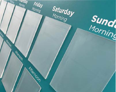 Details of non-reflective, rigid polycarbonate pockets on our Dementia Acitivity Displays