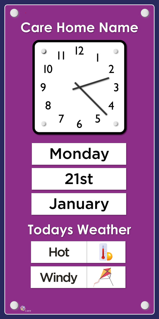 Orientation Board Display with Clock, calendar and weather information on a Fuchsia background, suitable for dementia care
