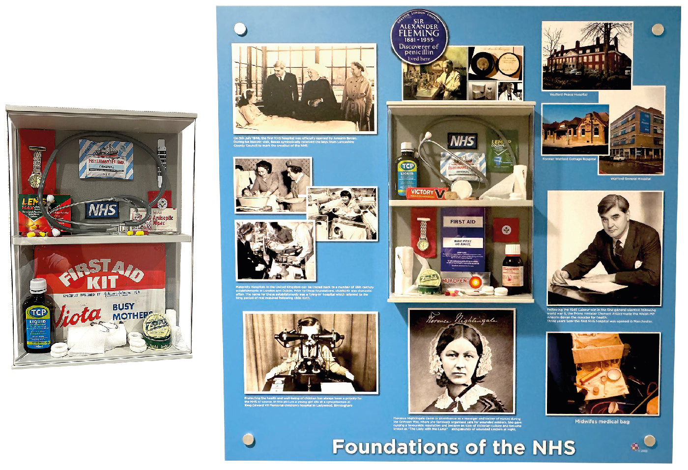 Dementia care themed memory box containing medical and hospital related artefacts