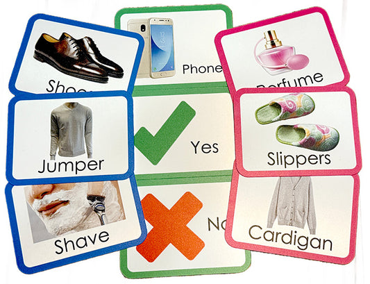 Pictorial flash cards with images and names on various topics including shoes, phone, perfume, slippers, cardigan, and shave, to help people with dementia dysphasia communicate.