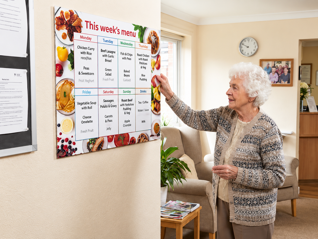Weekly menu display for a dementia care home, featuring clear meal information and familiar food imagery for residents.
