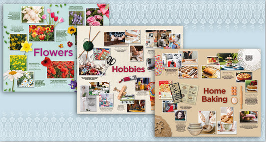 Visual of three new themed graphic displays for dementia care homes featuring Baking, Hobbies and Flowers. 