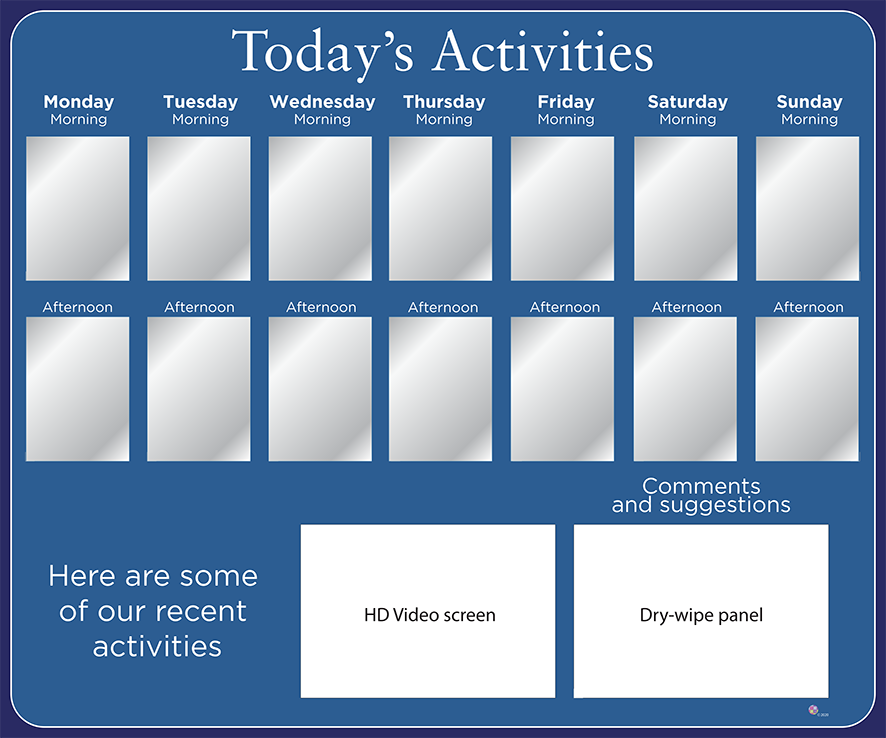 Graphic display of a 14 pocket activities display board layout with HD video screen