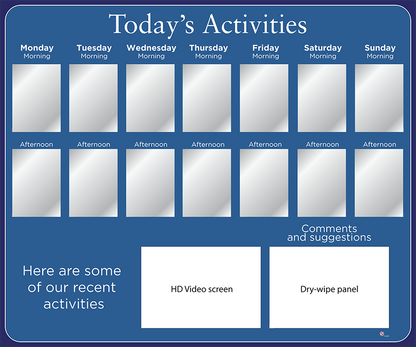 Graphic display of a 14 pocket activities display board layout with HD video screen