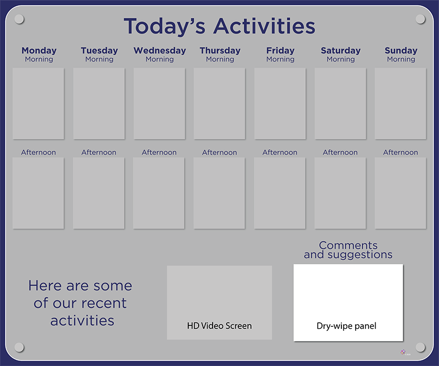 14 pocket Dementia Care Home Activities Display with HD screen in Dove Grey