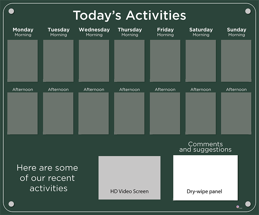 14 pocket Dementia Care Home Activities Display with HD screen in Racing Green