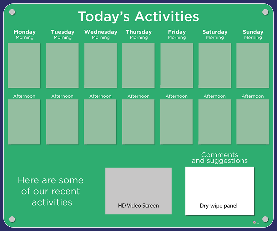 14 pocket Dementia Care Home Activities Display with HD screen in Pea Green