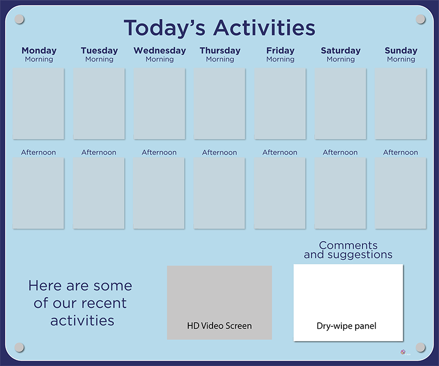 14 pocket Dementia Care Home Activities Display with HD screen in forget-me-not blue