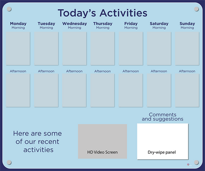 14 pocket Dementia Care Home Activities Display with HD screen in forget-me-not blue