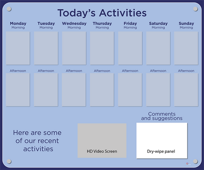 14 pocket Dementia Care Home Activities Display with HD screen in Cornflower Blue