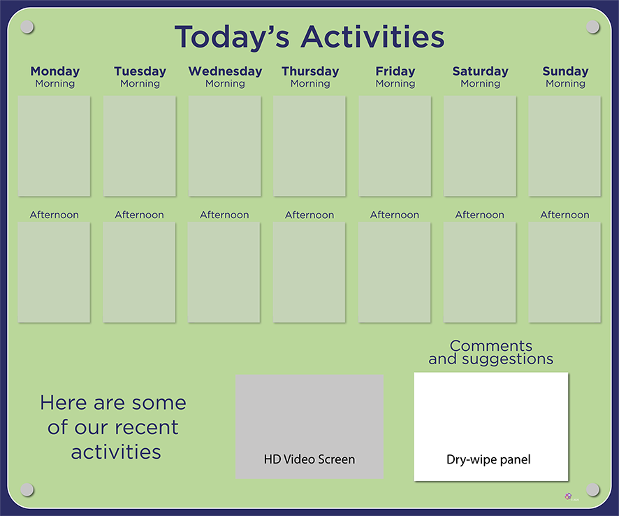 14 pocket Dementia Care Home Activities Display with HD screen in Pastel Green