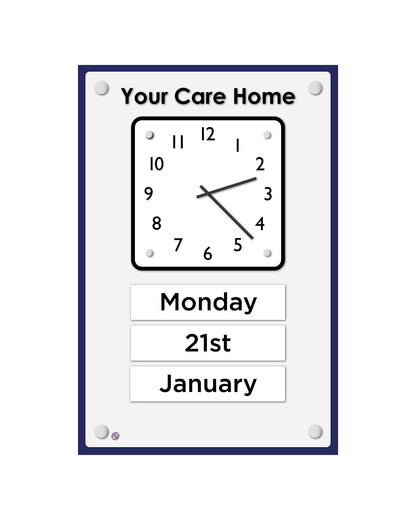 Orientation Board Display with Clock and calendar on a background of your choice, suitable for dementia care homes