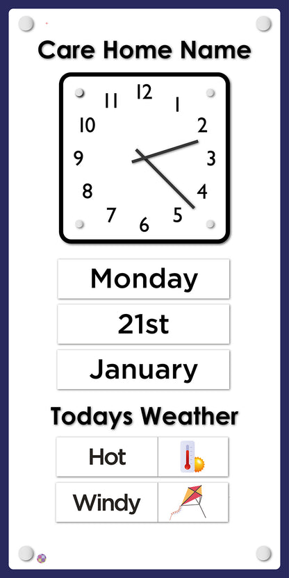 Orientation Board Display with Clock, calendar and weather information on a background of your choice, suitable for dementia care 