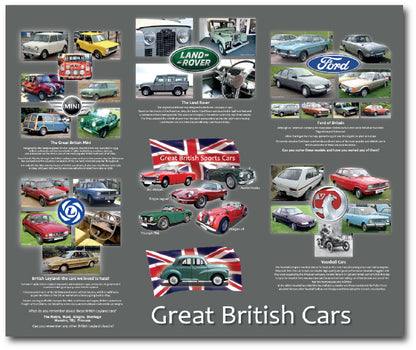 Dementia car visual display depicting the most popular British cars in a reminiscence display