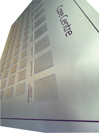 Brushed silver staff photo display board example showing pockets arrangement