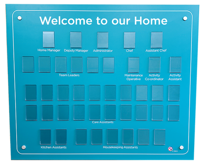 Bespoke Care Home Staff Photographic Display Board with titles for various roles and rigid, non-reflective pockets to securely display staff photos.