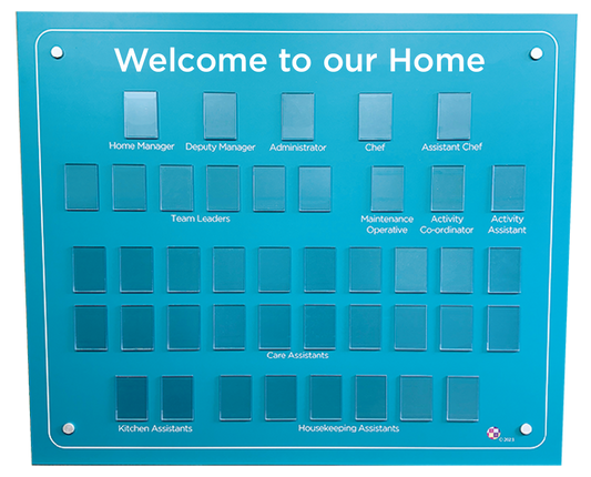 Bespoke Care Home Staff Photographic Display Board with titles for various roles and rigid, non-reflective pockets to securely display staff photos.