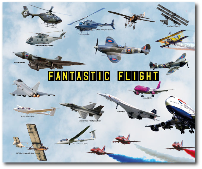 Dementia specific destination point artwork showing different types of flight in reminiscence pictures