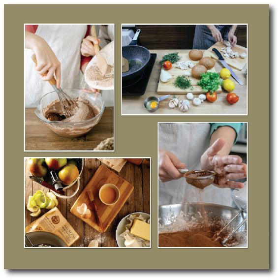 Dementia-friendly reminiscence artwork display illustrating familiar baking and food preparation to stimulate memories and conversation around cookery.