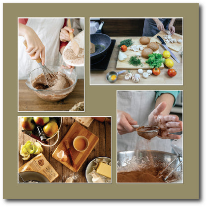 Dementia-friendly reminiscence artwork display illustrating familiar baking and food preparation to stimulate memories and conversation around cookery.