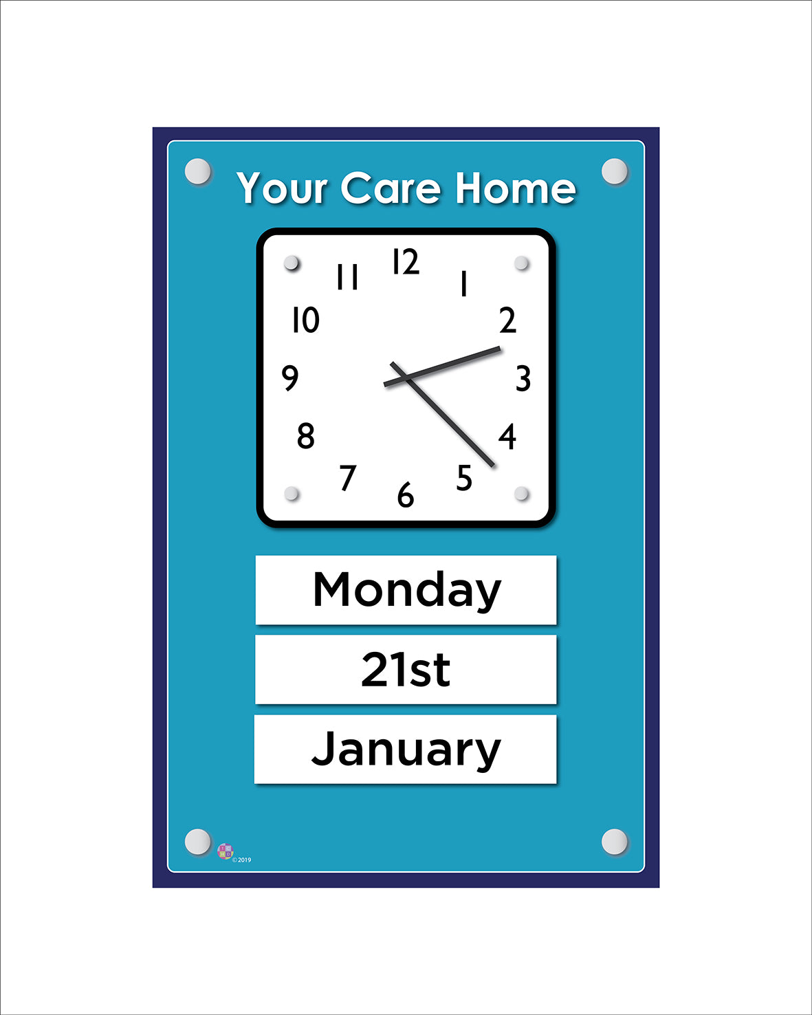 Orientation Board Display with Clock and calendar on a blue background, suitable for dementia care homes
