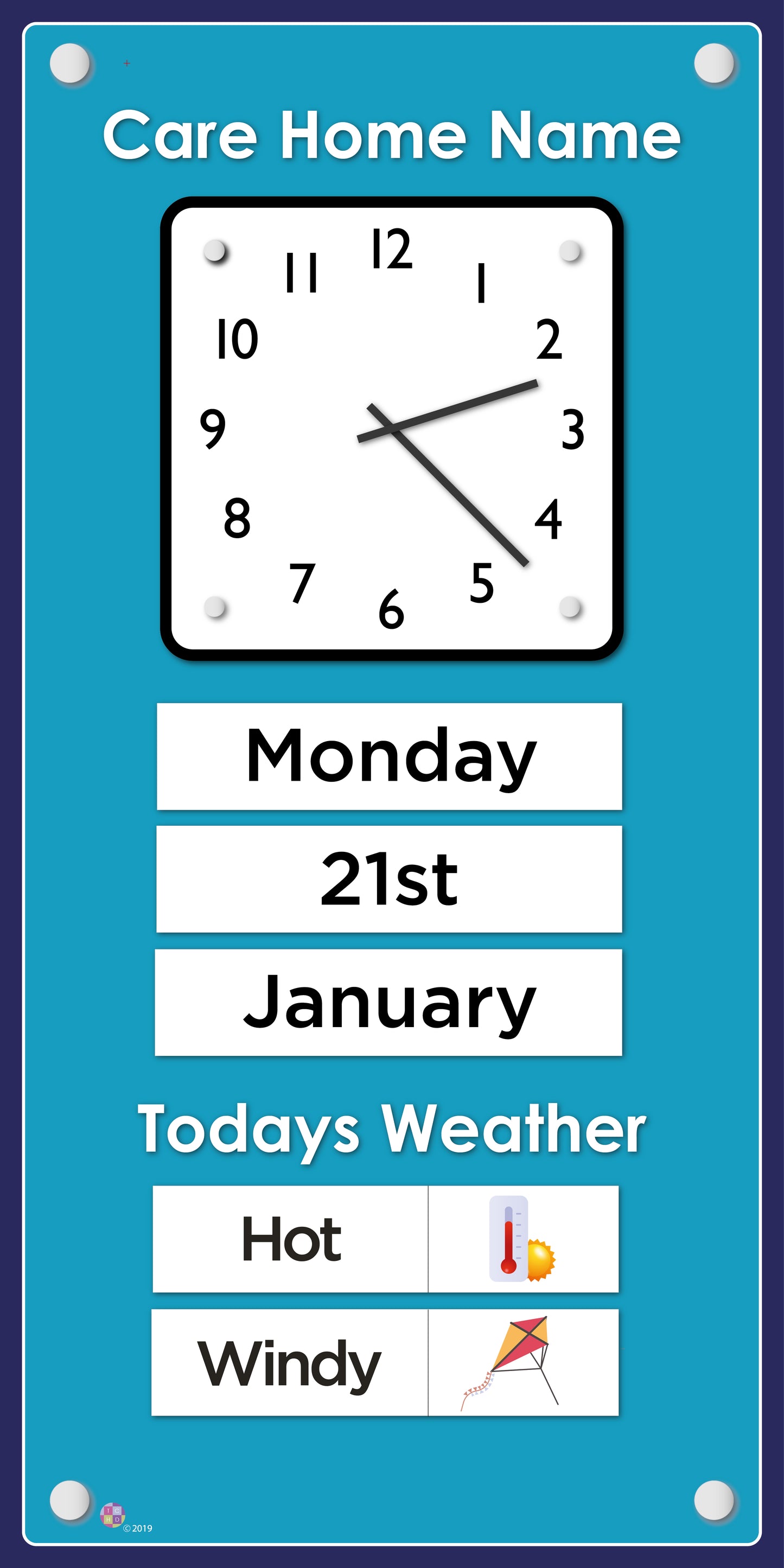 Orientation Board Display with Clock, calendar and weather information on a blue background, suitable for dementia care 