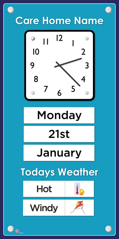 Orientation Board Display with Clock, calendar and weather information on a blue background, suitable for dementia care 