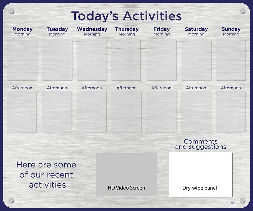 14 pocket Dementia Care Home Activities Display with HD screen in Brushed Silver