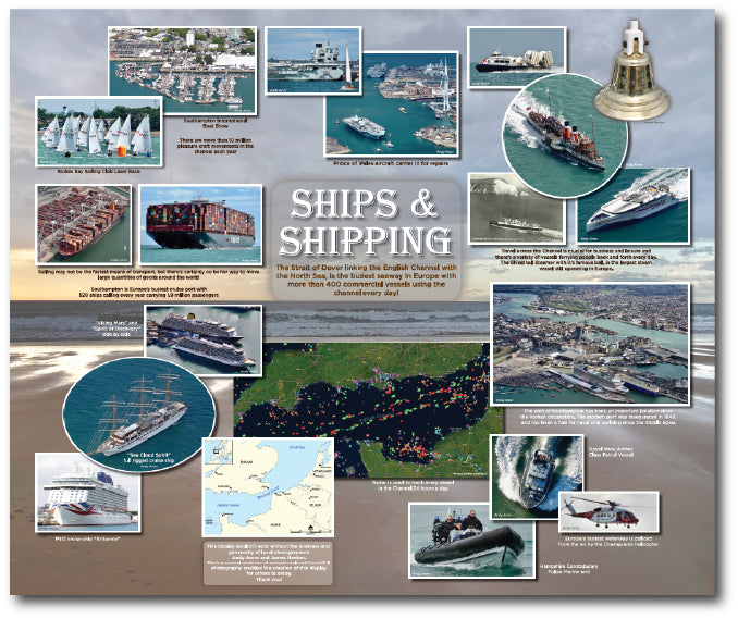 Informative destination point montage around ships and shipping in the English channel for dementia and reminiscence