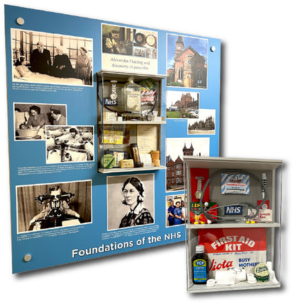 Dementia friendly wall display about the NHS incorporating a themed Memory Box with medical related artefacts including a bottle of TCP, a nurses watch, bandages and a stethoscope