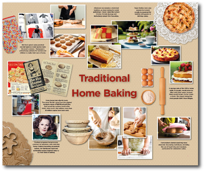 Dementia-friendly reminiscence artwork on a baking theme with pictures of recipe books, cakes, biscuits and ingredients.