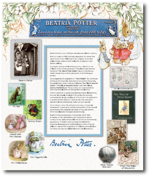 Dementia friendly Beatrix Potter themed destination point display including pictures, her signature and brief life story 