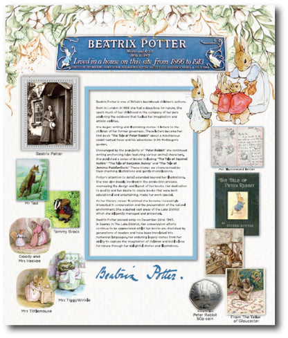 Dementia friendly Beatrix Potter themed destination point display including pictures, her signature and brief life story 