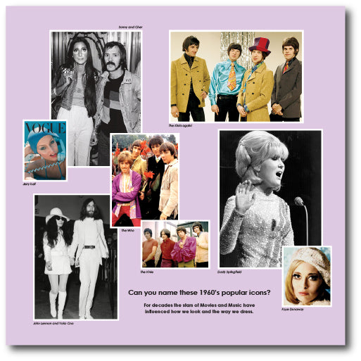 Montage of dementia friendly fashion icons from the 1960's for care home environments