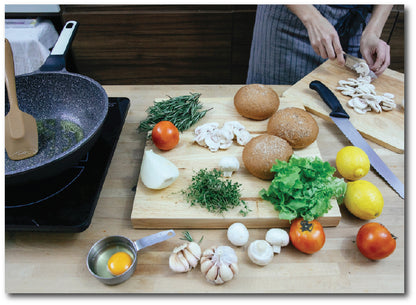 Dementia-friendly reminiscence artwork of a chef preparing various fresh vegetables for a stir fried dish.