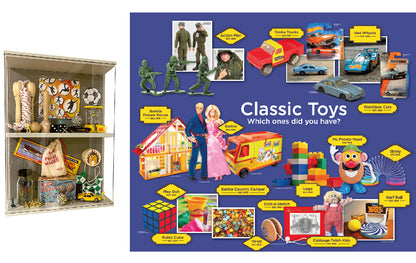 Toy themed memory box containing various small toys