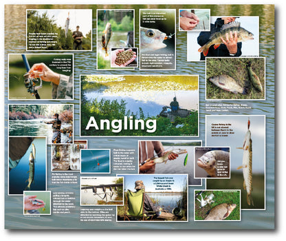 Dementia friendly artwork display on a fishing theme with reminiscence images of fish and fishing tackle