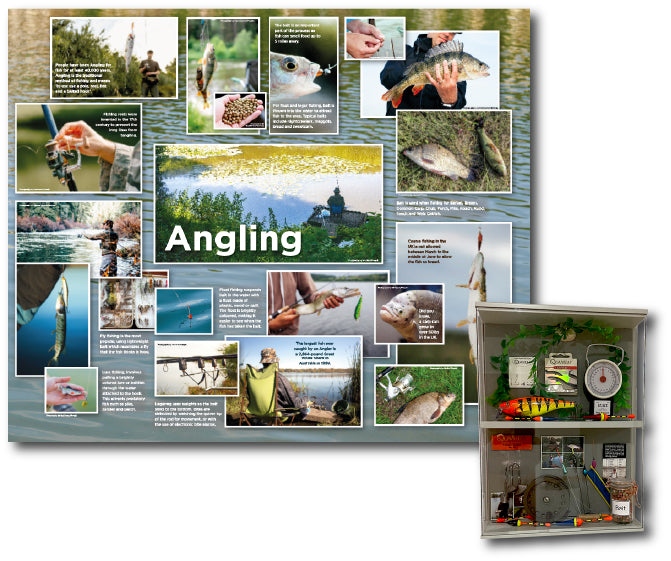 Destination point artwork themed around the popular sport of Fishing showing fish, bait and equipment in a themed memory box