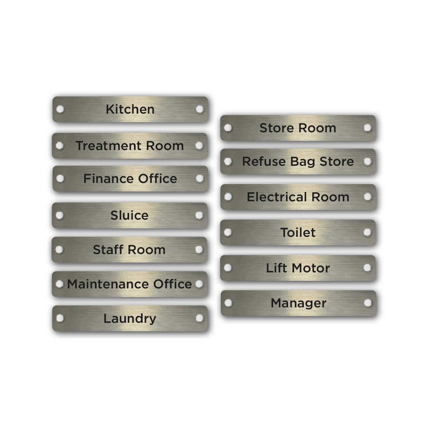 Examples of various typical titles for care home Operational signage finished in brushed silver. 