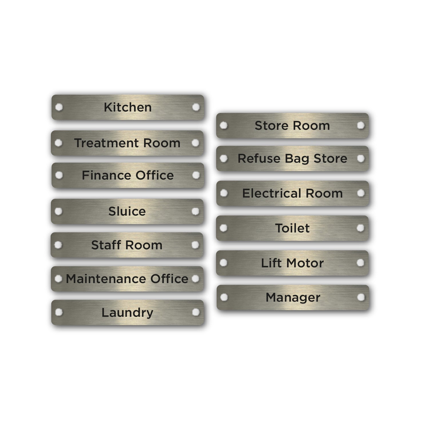 Examples of various typical titles for care home Operational signage finished in brushed silver. 