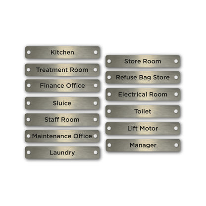 Examples of various typical titles for care home Operational signage finished in brushed silver. 
