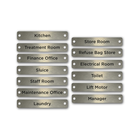 Examples of various typical titles for care home Operational signage finished in brushed silver. 