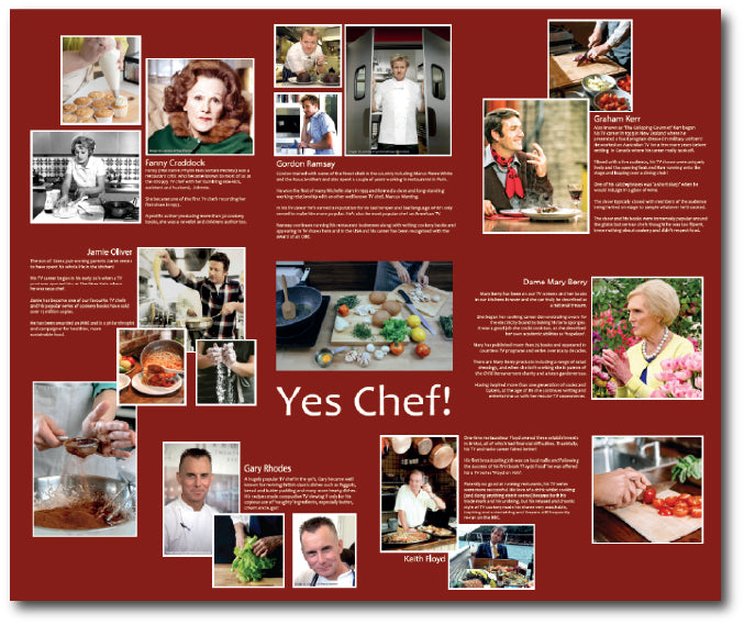 Dementia-friendly reminiscence artwork of well known celebrity chefs including pictures of food and a short biography of each chef. 