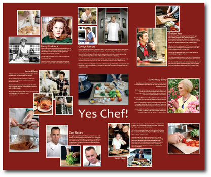 Dementia-friendly reminiscence artwork of well known celebrity chefs including pictures of food and a short biography of each chef. 