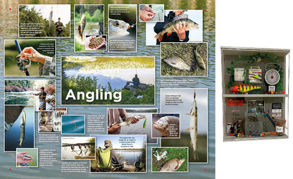 Dementia care Memory Box filled with fishing related items for reminiscence and complementing the Fishing themed Destination Point artwork