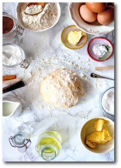 Destination point food theme showing a table of baking ingredients for reminiscence