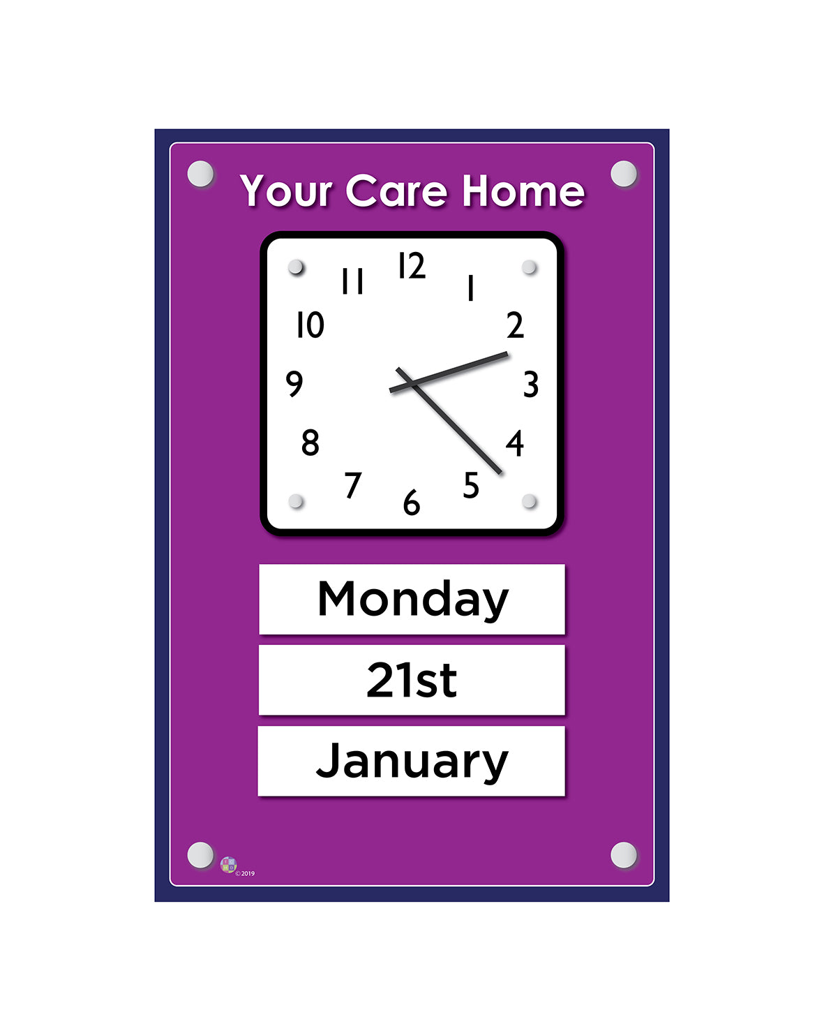 Orientation Board Display with Clock and calendar on a Fuchsia background, suitable for dementia care homes