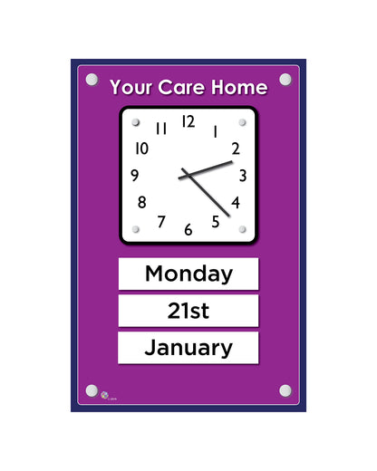 Orientation Board Display with Clock and calendar on a Fuchsia background, suitable for dementia care homes