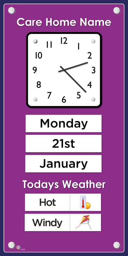 Orientation Board Display with Clock, calendar and weather information on a Fuchsia background, suitable for dementia care 